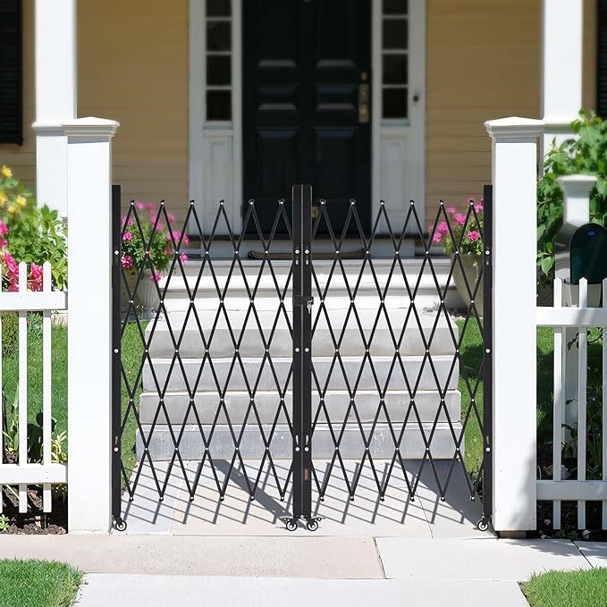 VEVOR Double Folding Security Gate, Lockable Scissor Gate with 360° Swivel Casters, Outdoor Barricade Steel Retractable Gates, for Entry Security, Garage, Warehouse & Pool, 125.98 x 63.19 in (W x H)