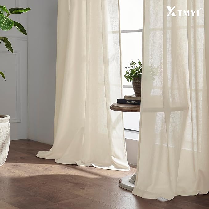 XTMYI Contemporary Curtains for Living Room,Pleat Hooks Linen Semi Sheer Ruffle Curtains for Master Bedroom 2 Panels,90 Inch Long,Beige