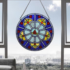 Stained Glass Window Hanging Tiffany Plant Style Blue Flower Suncatcher 12" Roud Wall Decor Art Panel Include 20" Chain and Hooks Perfect Christma Housewarming Gift