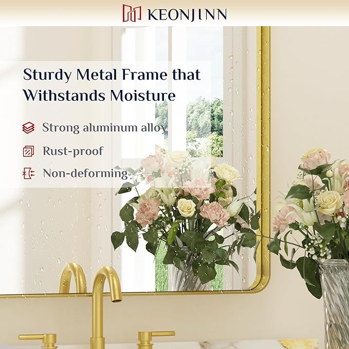 Keonjinn Gold Bathroom Mirrors for Over Sink 48” x 24” Large Brushed Brass Metal Framed Wall Mirror, Rounded Rectangle Bathroom Vanity Mirror, HD Tempered Glass Full Body Mirror(Horizontal/Vertical)