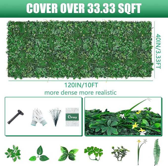 40"x120"(33.33 SQFT) Grass Wall, Artificial Boxwood Panels, Privacy Hedge Fence Screen with UV Protection, Greenery Backdrop for Indoor Home Wedding Decor and Outdoor Garden Backyard