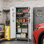 Metal Garage Storage Cabinet with Wheels, 71" H×32" W×16" D Metal Storage Cabinet with 5 Adjustable Shelves,Pegboard and Lockable Doors for Garage Home Office Utility Room,Required Assembly