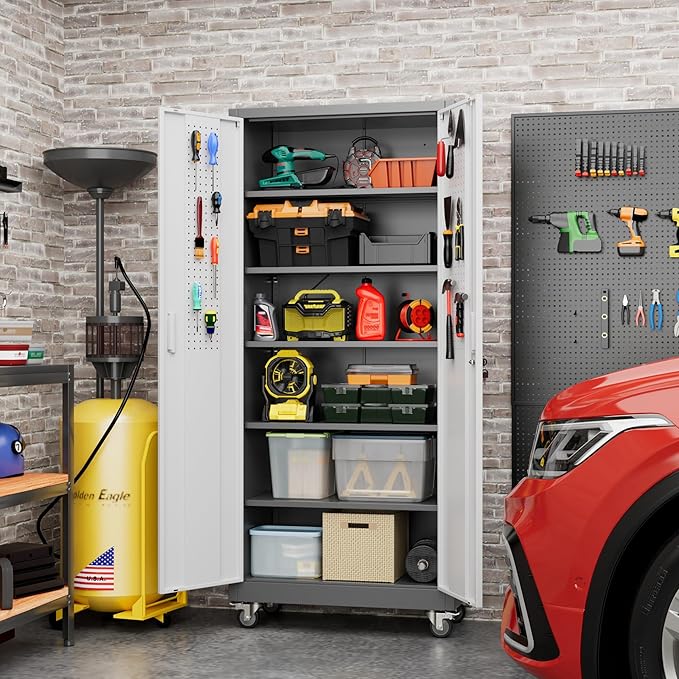 Metal Garage Storage Cabinet with Wheels, 71" H×32" W×16" D Metal Storage Cabinet with 5 Adjustable Shelves,Pegboard and Lockable Doors for Garage Home Office Utility Room,Required Assembly