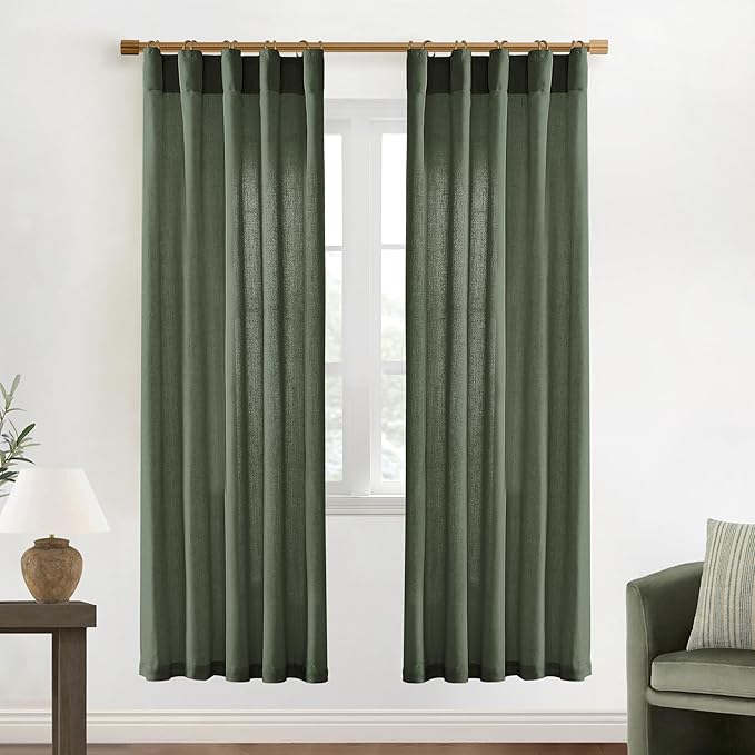 XTMYI Back Tab/Hook Belt Linen Cotton Sheer Curtains for Bedroom Living Room,40 Inch Wide,78 Inch Length 2 Panels,Olive Green
