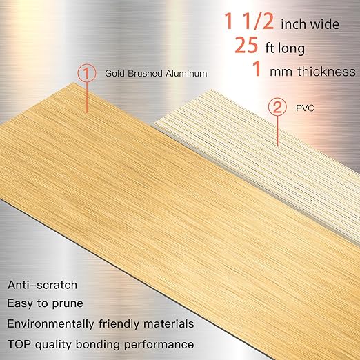 GSCIT Club Gold Edge Banding, 1 1/2 Inch x 25ft Aluminum Brushed Edge Banding PVC Edge Trim for Cabinet Repair Furniture
