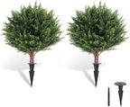 LadyRosian Artificial Cypress Topiary Tree, 25 Inch 2 Set Outdoor Faux Cypress Bush Plants,Indoor Ball Trees with Ground Spike, Fake Potted for Home Front Porch Decor Outside Garden