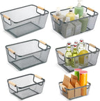 Maxcheck 6 Pack 3 Size Metal Wire Baskets Wooden Handles Steel Mesh Storage Bins Organizer Containers Gift for Home Cabinets Closet Kitchen Food Fruit Freezer Storage Rectangle(Dark Grey)