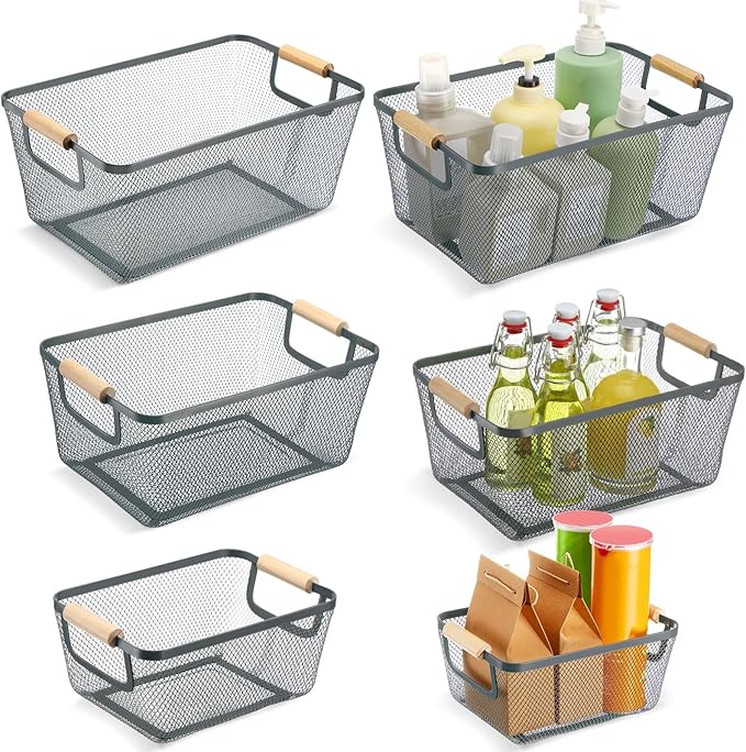Maxcheck 6 Pack 3 Size Metal Wire Baskets Wooden Handles Steel Mesh Storage Bins Organizer Containers Gift for Home Cabinets Closet Kitchen Food Fruit Freezer Storage Rectangle(Dark Grey)
