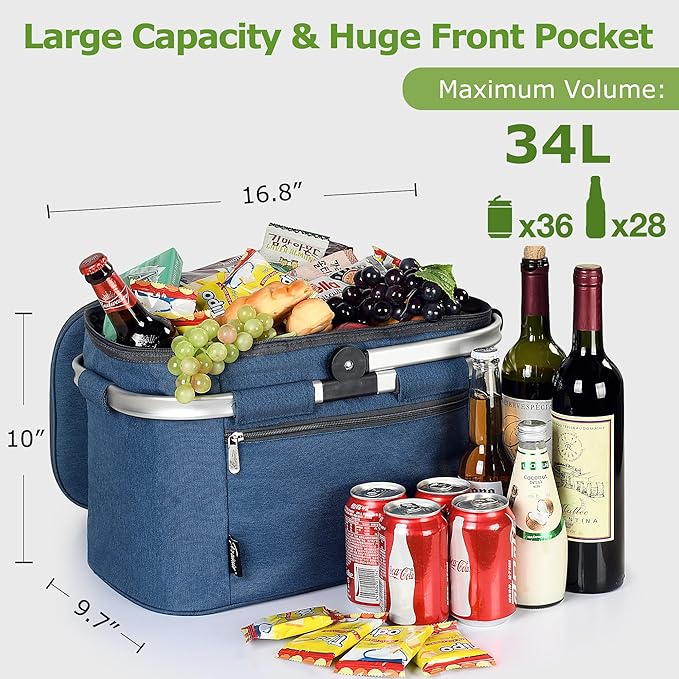 Tirrinia Large Insulated Picnic Basket, 34L Water Resistant & Leakproof Collapsible Portable Cooler Basket Set with Aluminium Handle for Travel, Shopping, Camping,Foldable Grocery Bag, Blue