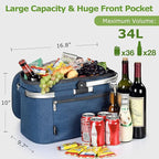 Tirrinia Large Insulated Picnic Basket, 34L Water Resistant & Leakproof Collapsible Portable Cooler Basket Set with Aluminium Handle for Travel, Shopping, Camping,Foldable Grocery Bag, Blue