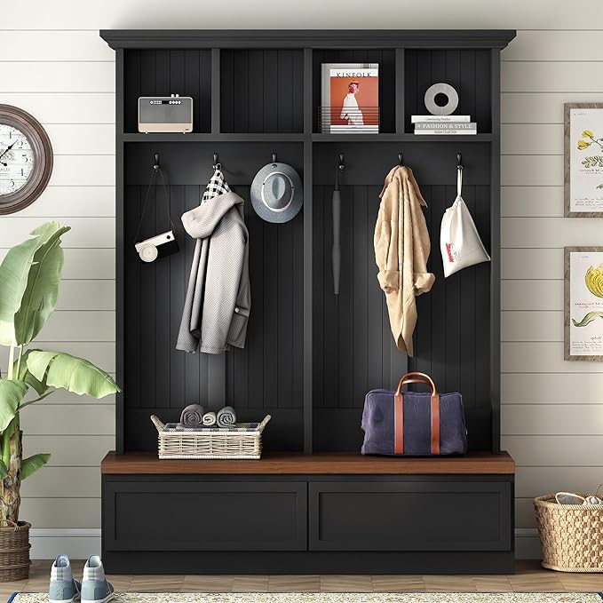 Merax Farmhouse Wood Hall Tree with Bench and Storage Drawers, 4-in-1 Coat Rack with 6 Hooks for Entrance, Hallway Black