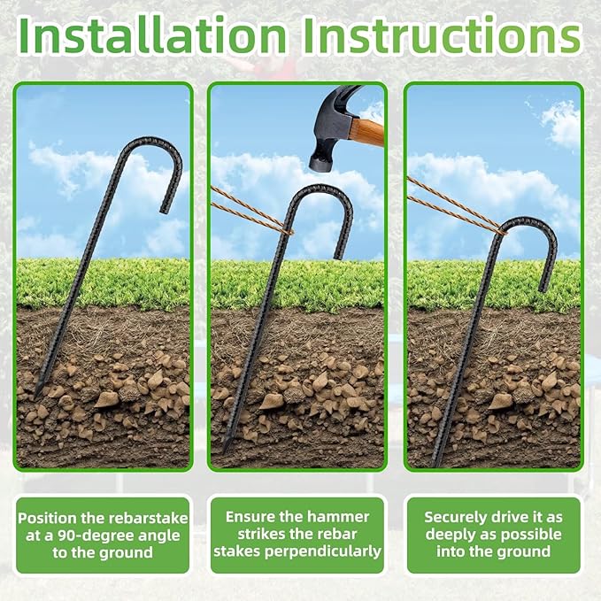 Black Rebar Stakes 12 inch (4pcs) - Heavy Duty 6mm Metal J Hook Ground Stakes,Galvanized Steel for Tent,Bounce House,Fence,Dog Coop,Artificial Turf,Outdoor Plants,Christmas & Holiday Decorations