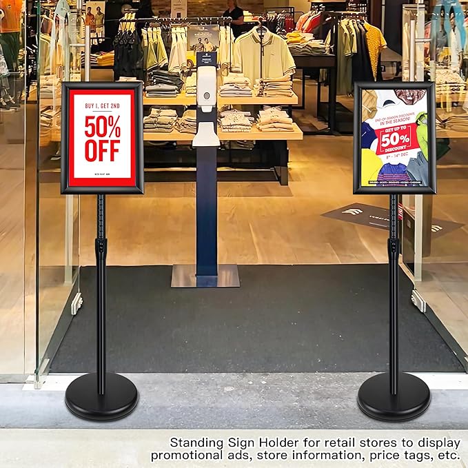 Sign Holder Stand - 8.5x11 Inch Adjustable Floor Standing Sign Stand for Display, Pedestal Poster Stand for Vertical & Horizontal View, Indoor & Outdoor Use for Business & Store - Black