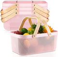Sadnyy 4 Pcs Plastic Mesh Garden Harvest Basket Storage Basket with Wooden Handle Multi Functional Mesh Bin for Kitchen Cabinet Picnic Fruit Vegetable Gathering Organizer(Large,Pink)