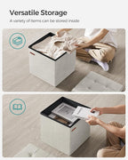 SONGMICS Small Storage Ottoman, Folding Ottoman Cube, 15 x 15 x 15 Inches, Footstool, Footrest, 11 Gal. (43 L), Velvet Surface, for Bedroom, Living Room, Dorm, Cream White ULSF227W01