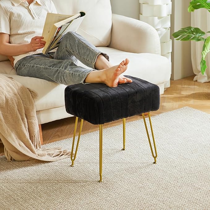IBUYKE Velvet Rectangular Footrest Ottoman, Makeup Vanity Stool Side Table, Dressing Table Seat, Pouf Couch Stool, Golden Steel Legs, Black LG-51B