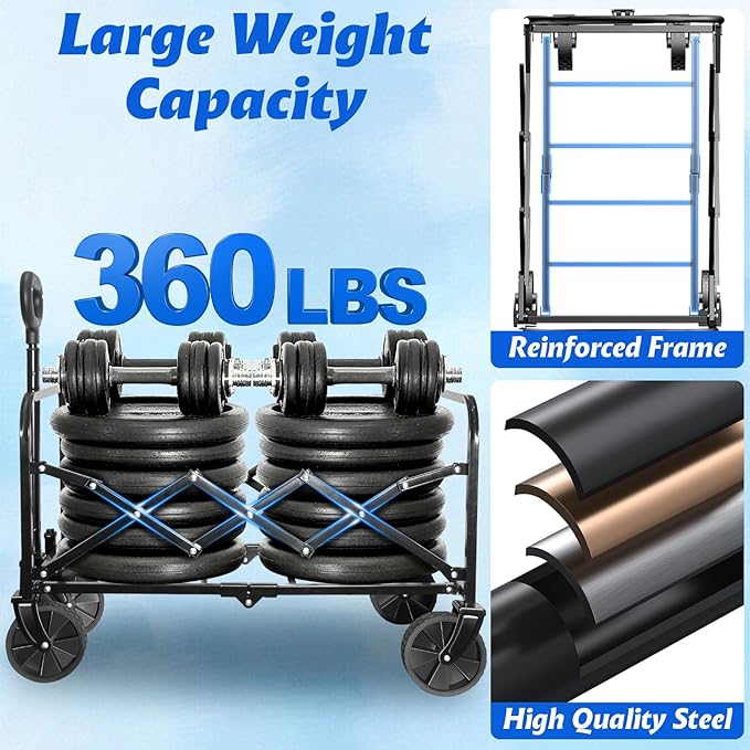 Wagons Cart Foldable, 360 Lbs with Adjustable Handle, Black Lightweight Portable, Collapsible Wagon for Beach Trip, Camping, Shopping, Sports, Travel, Picnic and Grocery (Black)