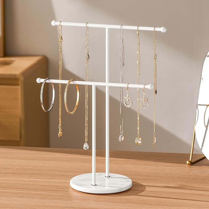 pickpiff Necklace Holder Stand: 2 Tier Jewelry Organizer with Marble Base, Gold Jewelry Tree Display for Bracelets, Rings, Earrings, White