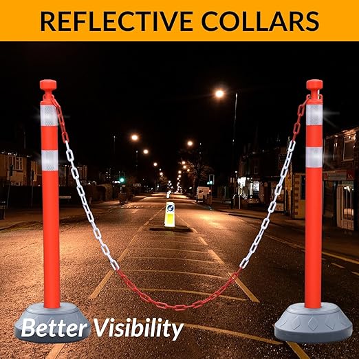 6 Pack 40 Inch Traffic Delineator Posts with Fillable Base and 6.6FT Plastic Chain, Safety Delineator Post Cones with 2 White Reflective Stripes for Construction Work (Red)