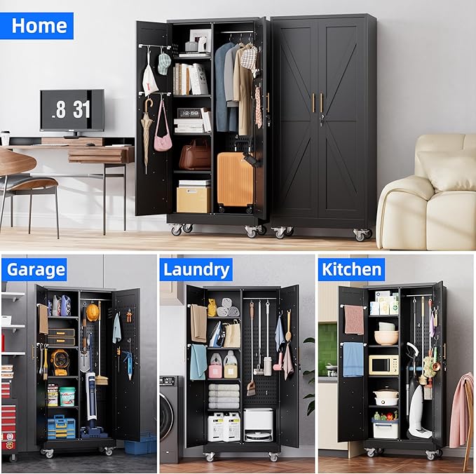 Aobabo Farmhouse Broom Closet Storage Cabinet,Lockable Garage Storage Cabinet with 4 Adjuatable Shelves,Required Assembly,Black,71.06''H*31.5''W*15.75''D