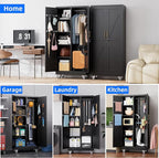 Aobabo Metal Broom Closet Storage Cabinets with 4 Adjustable Shelves and Lock,Metal Mop and Broom Cabinet with Pegboards and Wheels,Assembly Required,Black