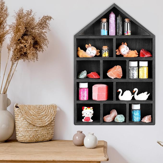 House Shaped Wooden Shadow Cubby Box 10 W x 2 1/4 D x 15 H Hanging Display Shelf Organizer Wall Mounted Curio Cabinet Wooden Display Case Miniature Shelf for Figures(Black)