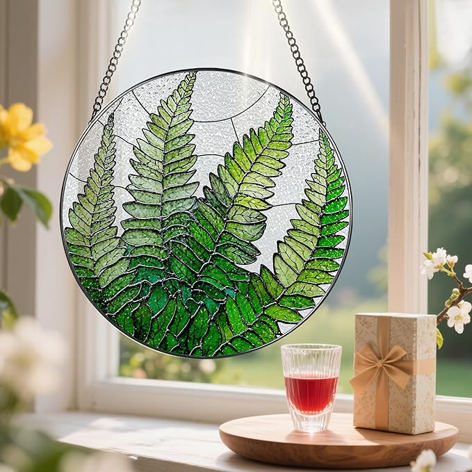 8-Inch Stained Glass Ornament, Stained Glass Window Hanging, Window Hanging Decor Suncatcher, Fern Plant Ornament | Christmas, Mother's Day, Birthday | Gifts for Mom, Grandma Gifts, Plant Lover Gift