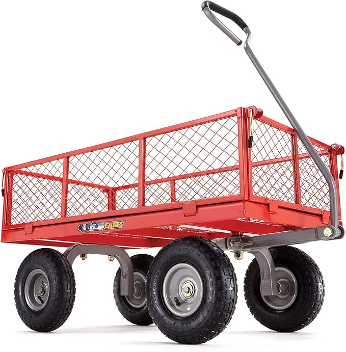 Gorilla Carts Steel Utility Cart, 4 Cu Ft Bed, 800 lb Load Capacity, Red – Heavy-Duty Outdoor Hauling Wagon with Removable Side Panels for Yard, Lawn, Garden or Landscaping