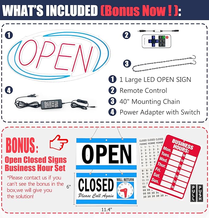 Open Signs for Business,Neon Open Sign Led,32"x 16",Remote Control Open/Closed Bussiness Hour Sign Set,Light for Bar Coffee Salon Store Window,12V/3A Adapter with ON/OFF Switch (Blue/Red Oval)