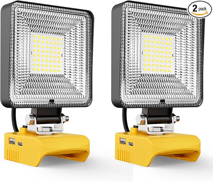 LIVOWALNY 30W LED Work Lights Compatible with Dewalt Battery, 2PCS 3000LM Flashlight with USB A & USB C Output Port Low Voltage Protection, Cordless Portable Floodlight for Camping, Emergency, Outdoor