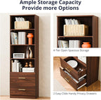 Cozy Castle 74.1'' Bookshelf,Tall Bookcase with Drawers, 4-Tier Open Bookshelf with Adjustable Storage Shelves,23.6 Inches Wide Floor Standing Bookcase for Home Office,Bedroom,Living Room,Brown