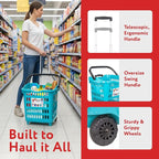 dbest products Bigger GoCart Grocery Cart Rolling Shopping Laundry Basket on Wheels Hamper with Telescopic Handle Cleaning Caddy Trolley, Teal, Bigger 1 pack