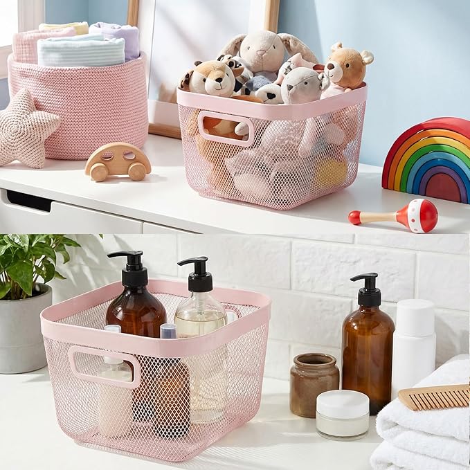 4 Pack Metal Mesh Basket with Hollow Handles Pink Wire Storage Bin for Organizing Stackable Metal Fine Mesh Basket for Pantry Bathroom Kitchen Cabinets Shelves