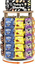 5 Tier 50 Clips 360°Rotating Snack Organizer, Wooden Chip Rack Display Stand - Chip Bag Holder Candy Display with Message Board for Countertop Home Office Party Retail Concession Stand