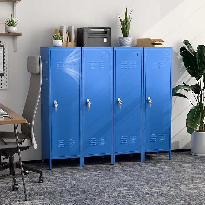 Aobabo Metal Locker, 54" H Metal Storage Locker for Employees, Lockable 1 Door with Towel Rack and 2 Side Pegboards with Hooks for School Office Gym Bedroom, Blue, Assembly Required