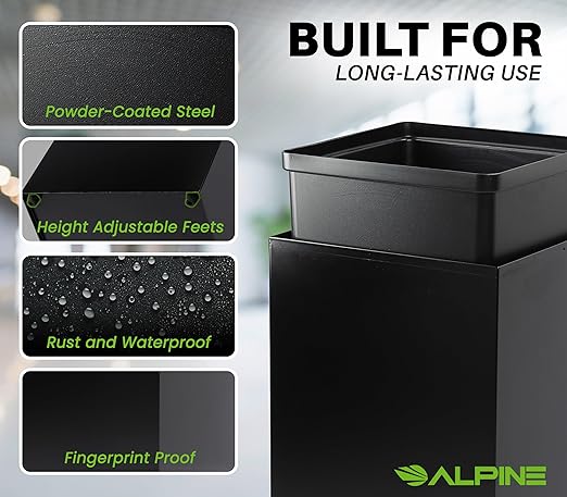 Alpine Industries 29 Gallon Commercial Indoor Recycle Bin, Modern Black Metal Container with Optional Lids