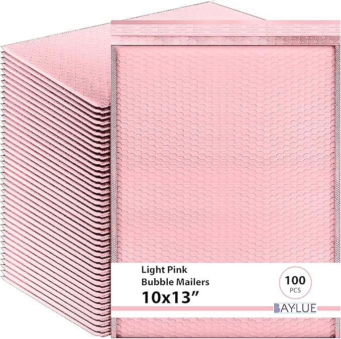 Light Pink 10x13 Inch Poly Bubble Mailers |Self Seal Padded Envelopes for Thick books | Cushioned Bubble Mailer | Usable Size 9.5x13 Inch | Waterproof Lightweight Mailing Shipping Bags | 100 Pack Bulk