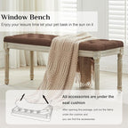 LOULENS 57.7" Linen Fabric End of Bed Bench, French Upholstered Button Tufted Bench for Bedroom End of Bed, Window Seat with Carved Wood Legs for Bedroom, Living Room, Entryway, Brown