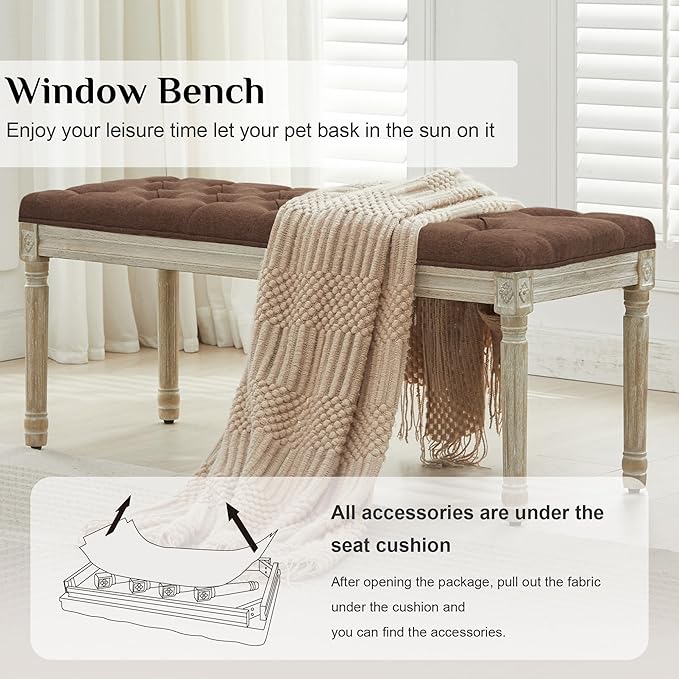LOULENS 57.7" Linen Fabric End of Bed Bench, French Upholstered Button Tufted Bench for Bedroom End of Bed, Window Seat with Carved Wood Legs for Bedroom, Living Room, Entryway, Brown
