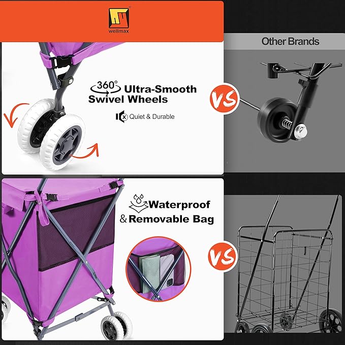 Wellmax WM99100 Series Folding Shopping Cart with Wheels, Grocery Cart with Removable Canvas with Cover, Lightweight Utility Cart for Groceries and Laundry - Holds up to 120 lbs (Purple)