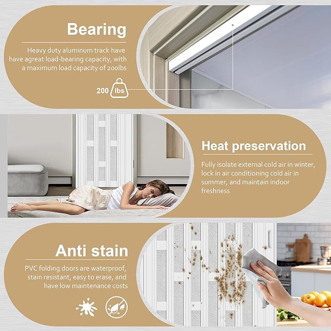 60X79in Frosted Acrylic Glass PVC Accordion Folding Door for Closet,Multifold Interior Door with Installation Hardware,Includes Handle and Latch,White Beech