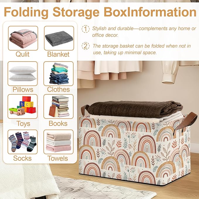 32L Large Storage Bins with Handles, Basket Organizer for Shelves, Closet, Books, Laundry & Home Decor (Colorful Rainbow)