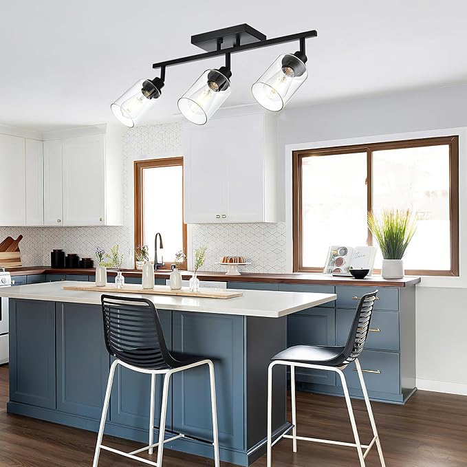 3-Light Track Lighting Kit Black Track Lighting Fixtures Bathroom Wall Sconces Ceiling Mount Kitchen Tracking Lights, Rotatable Spotlight with Clear Glass Shade for Kitchen Shop Hallway