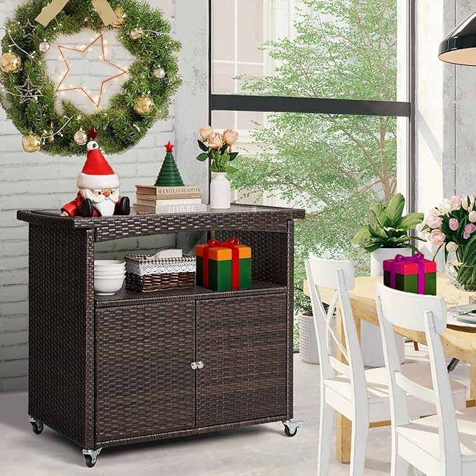 Outdoor Storage Cabinet,Outdoor Cabinet for Patio Bar Cart with Rolling Wheels Patio Bar Table with Storage Wicker Buffet Cabinets prep Table Kitchen Serving Cart with Door,Shelves,Handle Brown