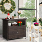 Outdoor Storage Cabinet,Outdoor Cabinet for Patio Bar Cart with Rolling Wheels Patio Bar Table with Storage Wicker Buffet Cabinets prep Table Kitchen Serving Cart with Door,Shelves,Handle Brown