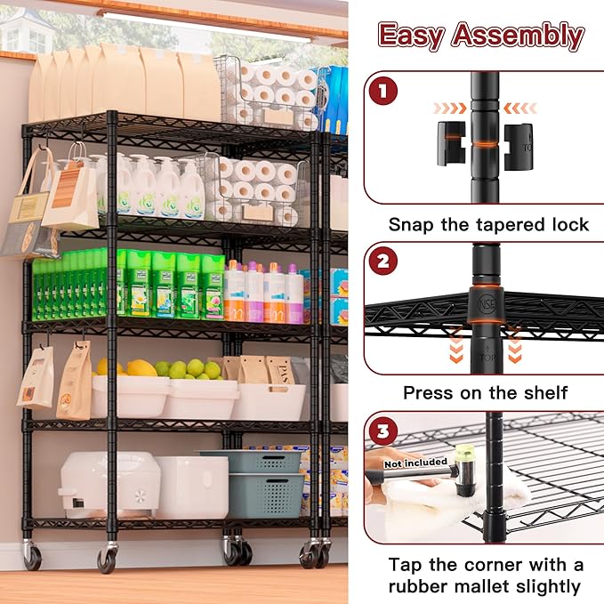 PrimeZone Wire Shelving Unit with Wheels, 5 Tier Adjustable NSF Certified Heavy Duty Metal Storage Shelves, Pantry Organizer Rack Rolling Kitchen Shelf for Closet, 24" W x 18" D x 75" H, Black, 2 PCS
