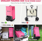 VILLEY Collapsible Folding Wagon with Big Wheels, Enlarged 225lbs Capacity, All Terrain Wagons Carts Heavy Duty Foldable, Portable Utility Garden Cart with 2 Cup Holders and Brake, Pink