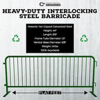 Angry Bull Barricades Metal Interlocking Steel Barricade (8.5 Ft. Heavy Duty, Flat Feet, Green Powder Coated, Set of 10)
