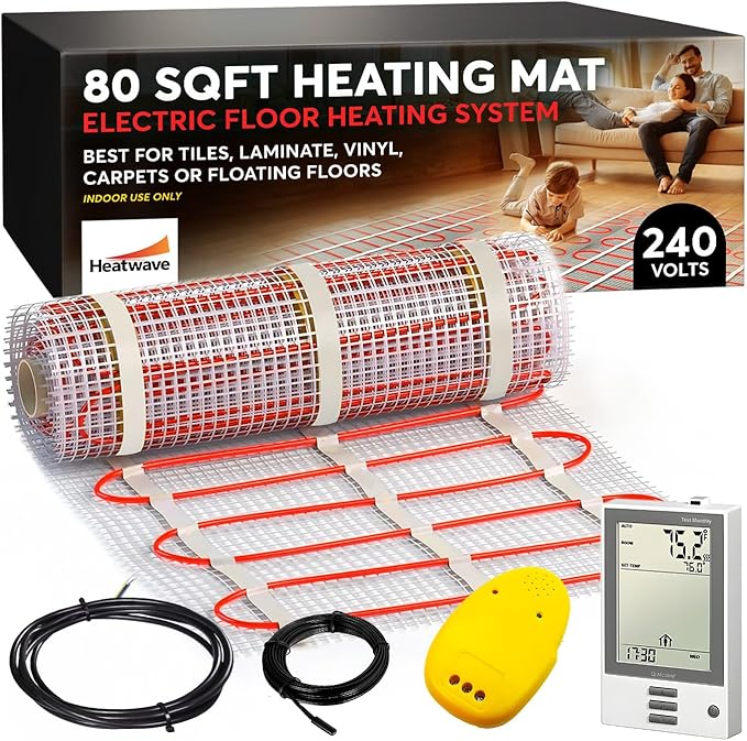 Electric Heated Floor System, 80 Sqft 240V Underfloor Electric Heating System, Heated Floor Mat, Radiant Heaters for Indoor Use, Heating Mat with 7-Day/4 Event Programmable GFCI Thermostat