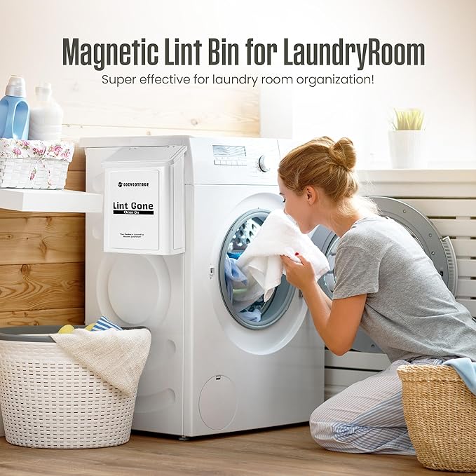 COZYCOTTAGE Magnetic Lint Bin for Laundry Room, Wall Mounted Metal Lint Box Holder Trash Can with Lid for Dryer, Storage Decor with Dryer Lint Basket for Laundry Room Organization, White